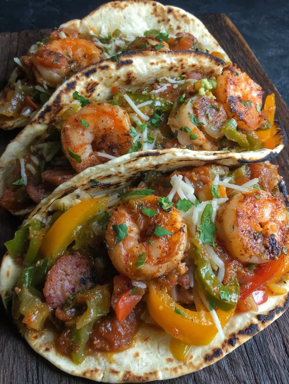 A plate of shrimp and sausage tacos.