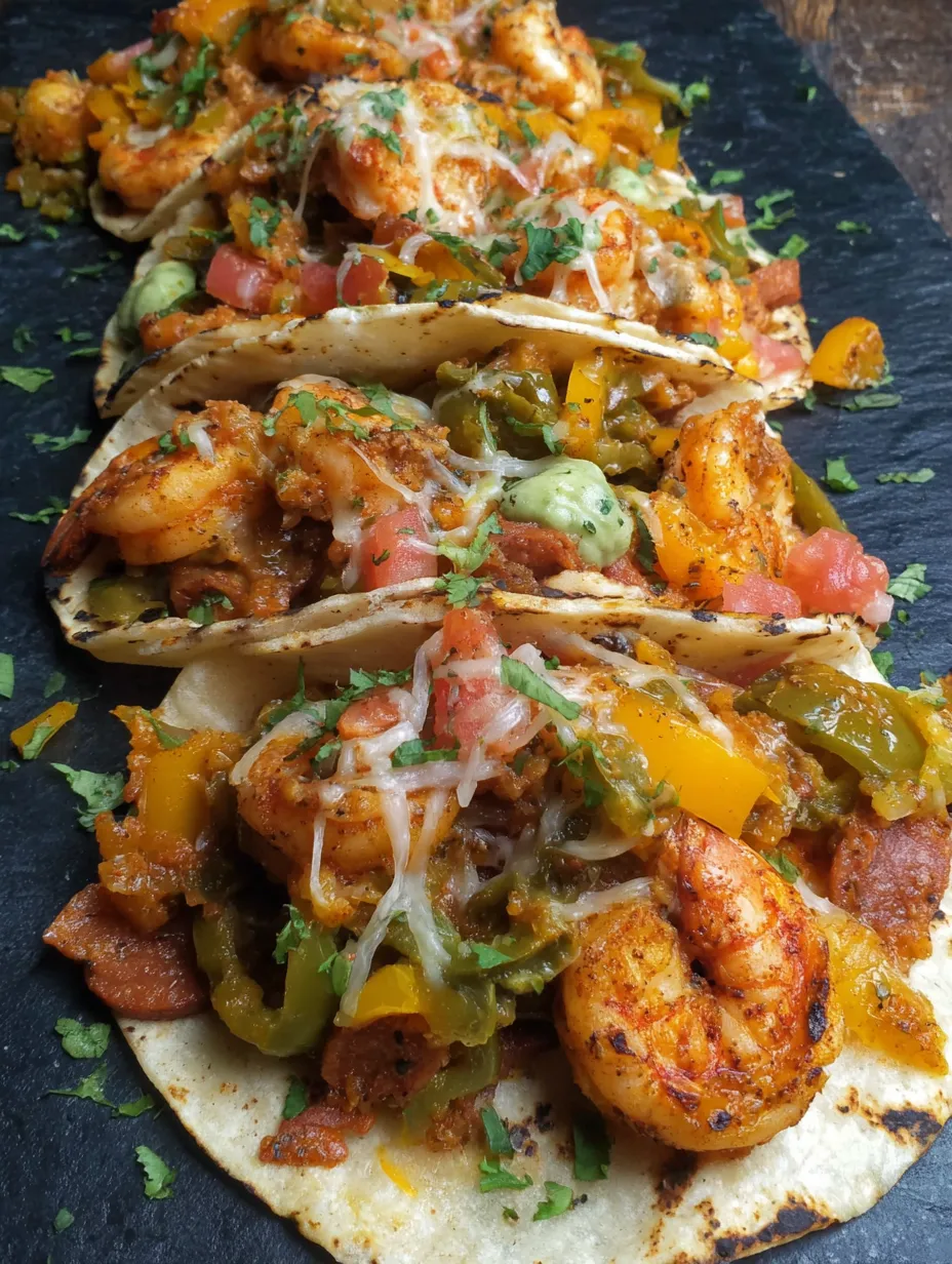 A plate of shrimp and sausage tacos.