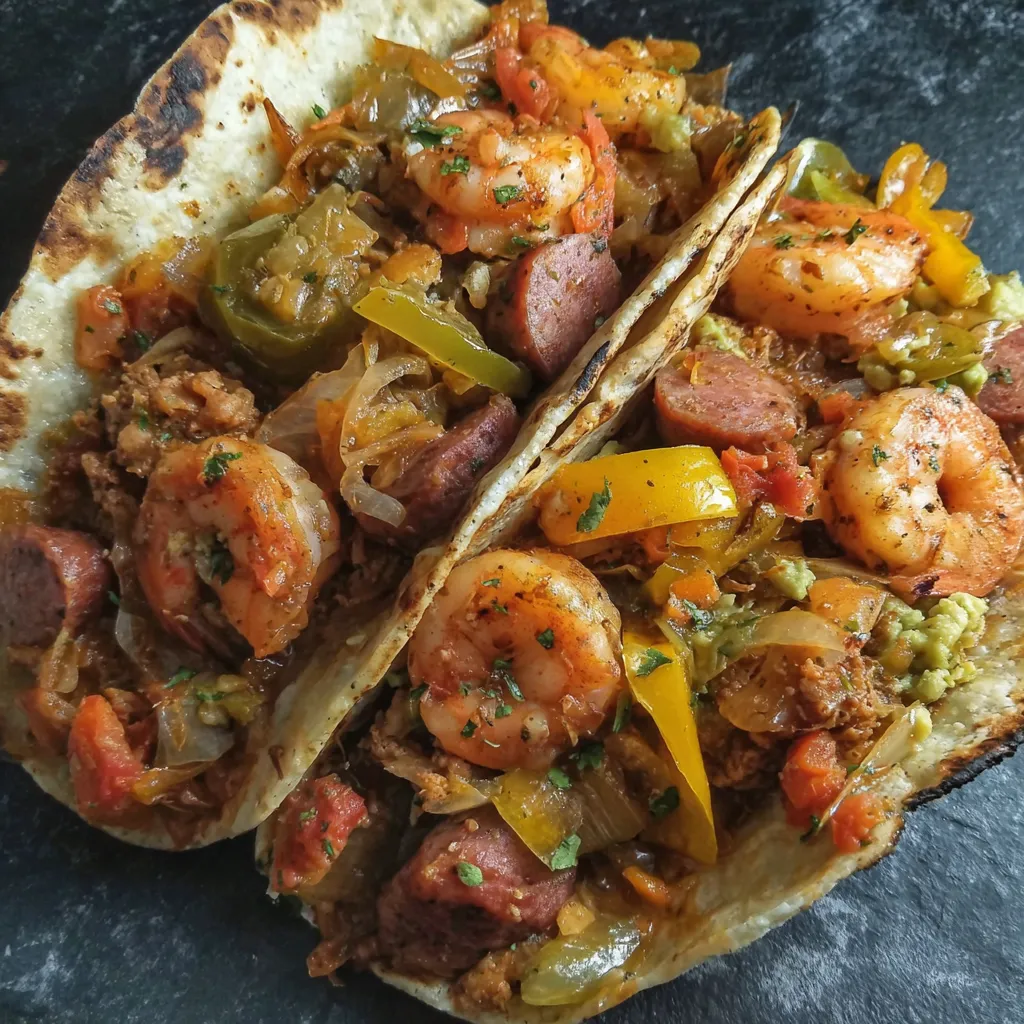 A plate of food with shrimp and sausage on a tortilla.