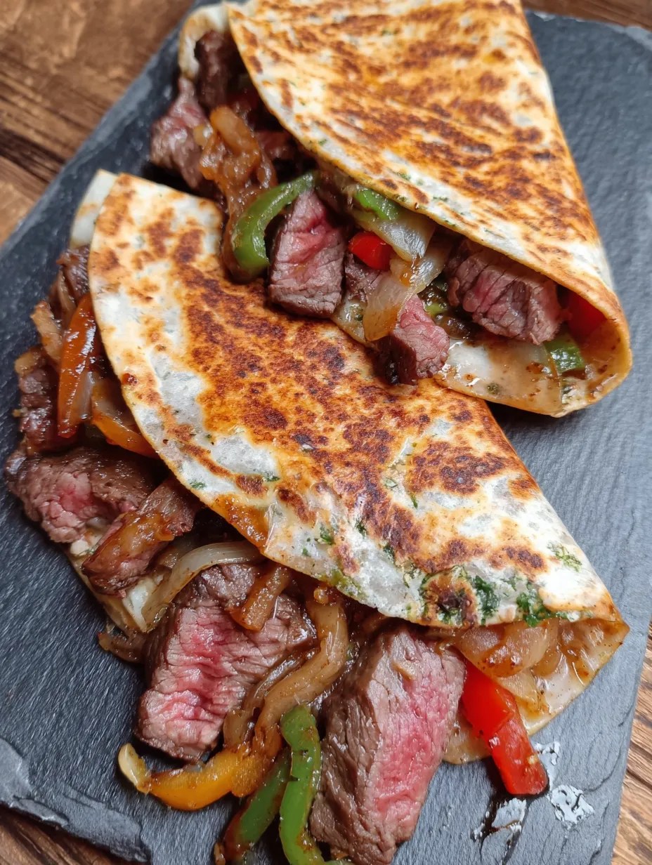 A quesadilla with meat and peppers on a black plate.