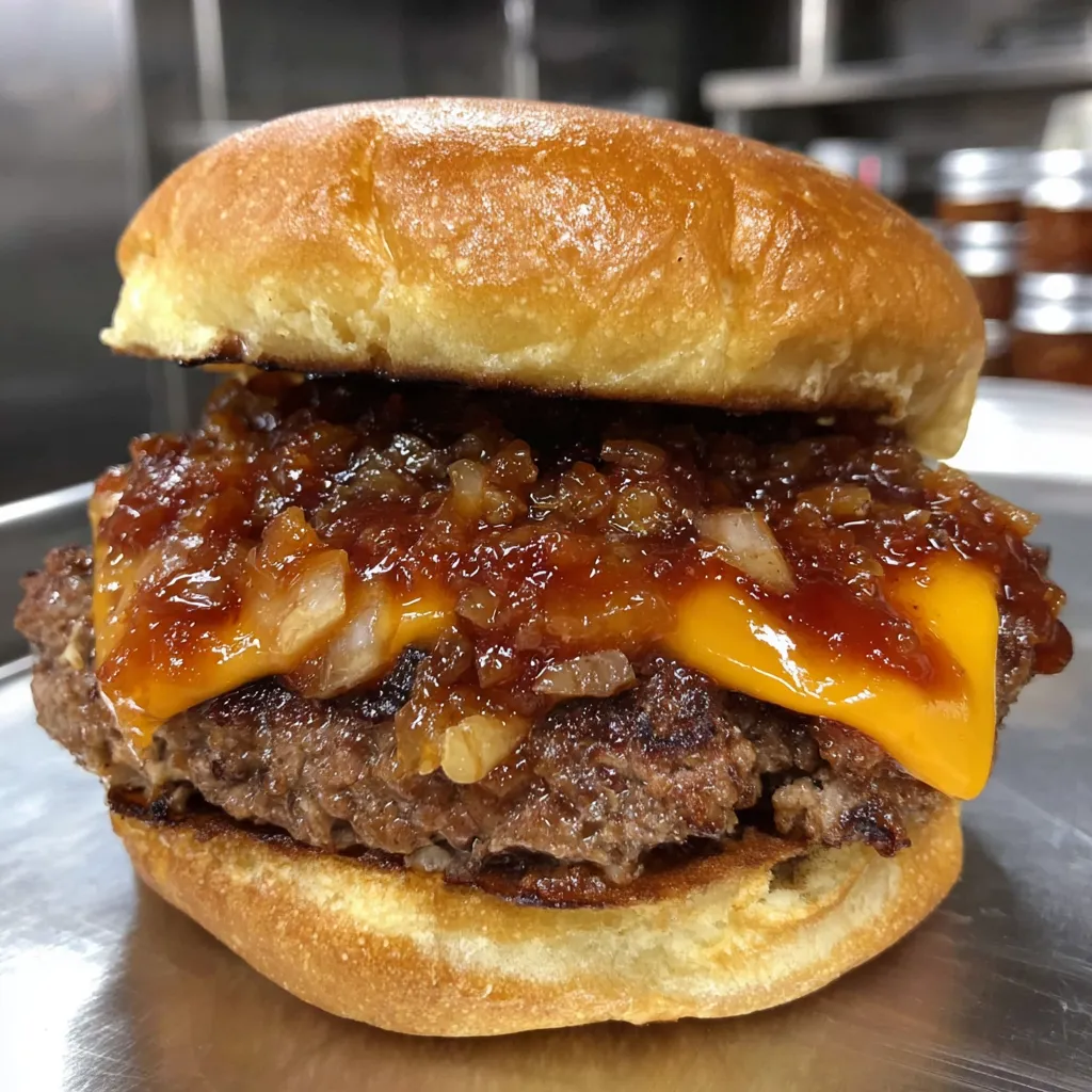 A cheeseburger with bacon and jam.