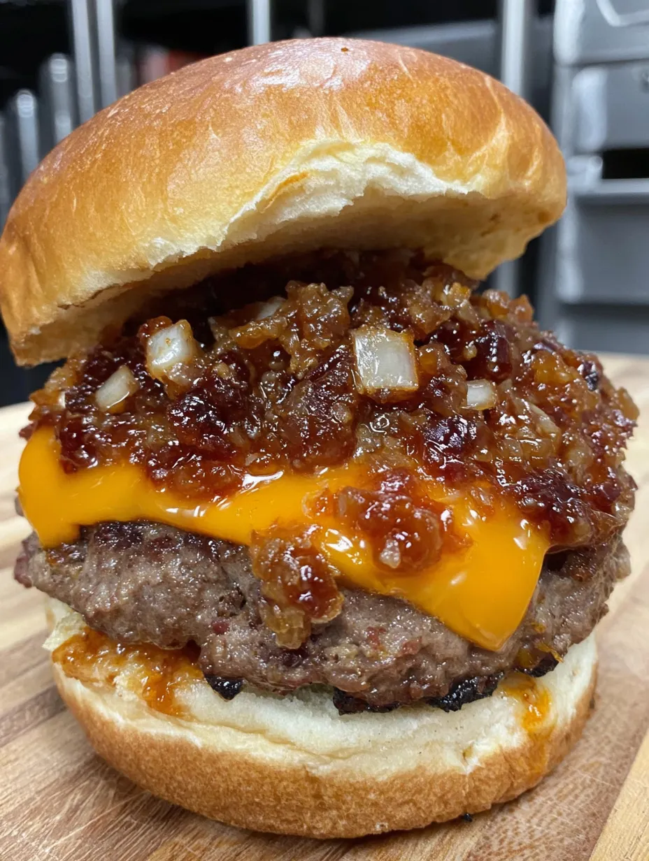 A cheeseburger with bacon jam and onions.