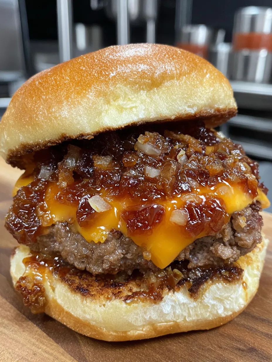 A cheeseburger with bacon jam and onions.