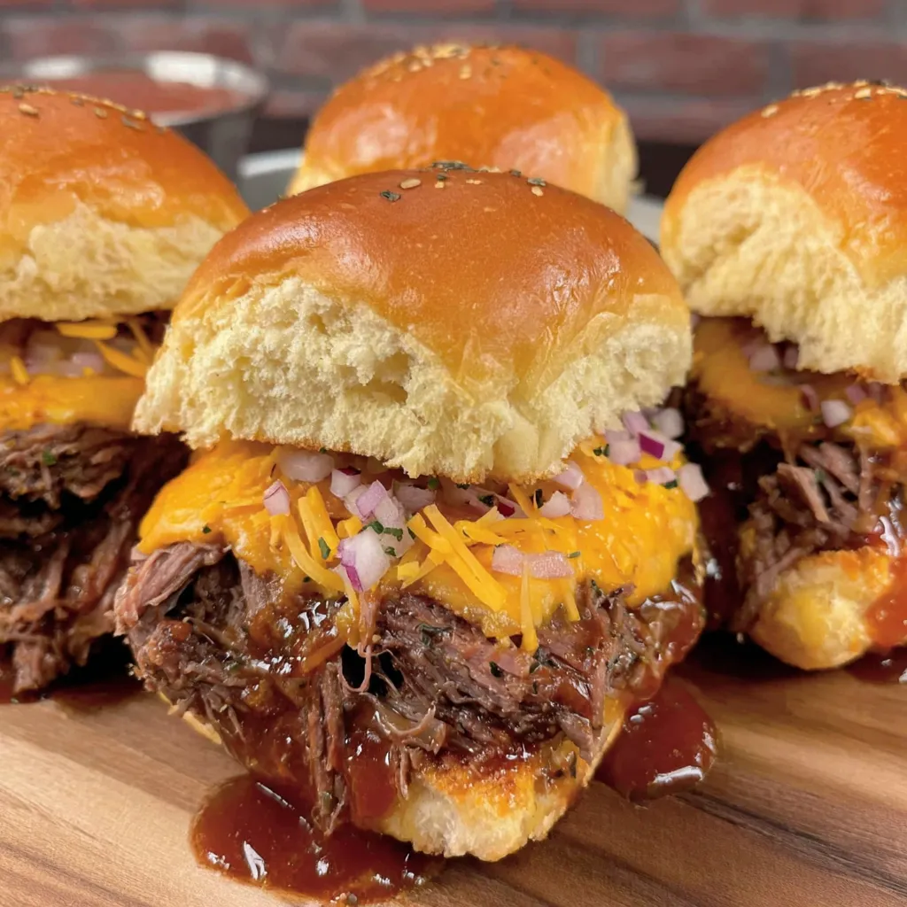 Four BBQ beef sliders on a wooden table.