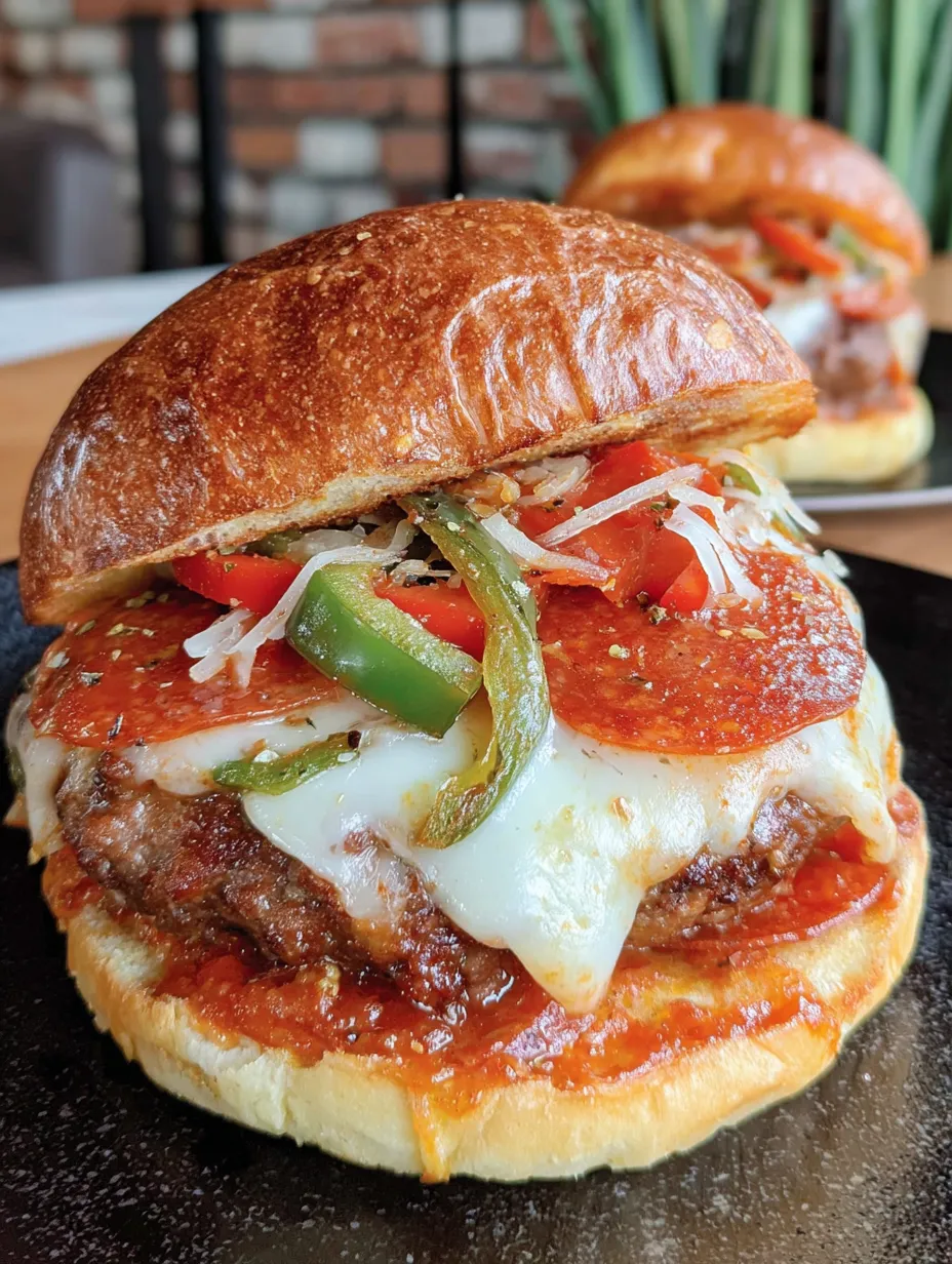 A pizza burger with peppers and cheese.
