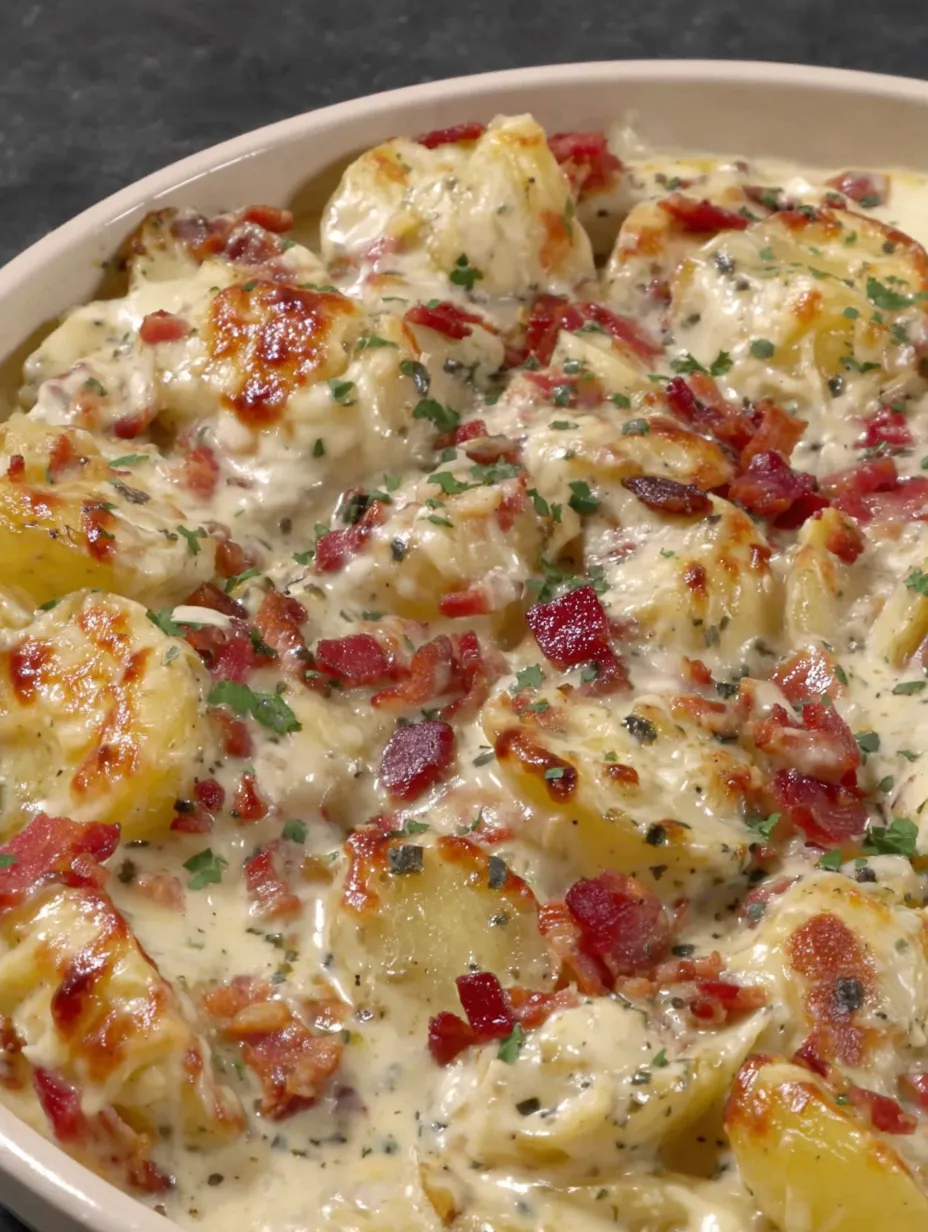 A dish of cheesy au gratin potatoes.