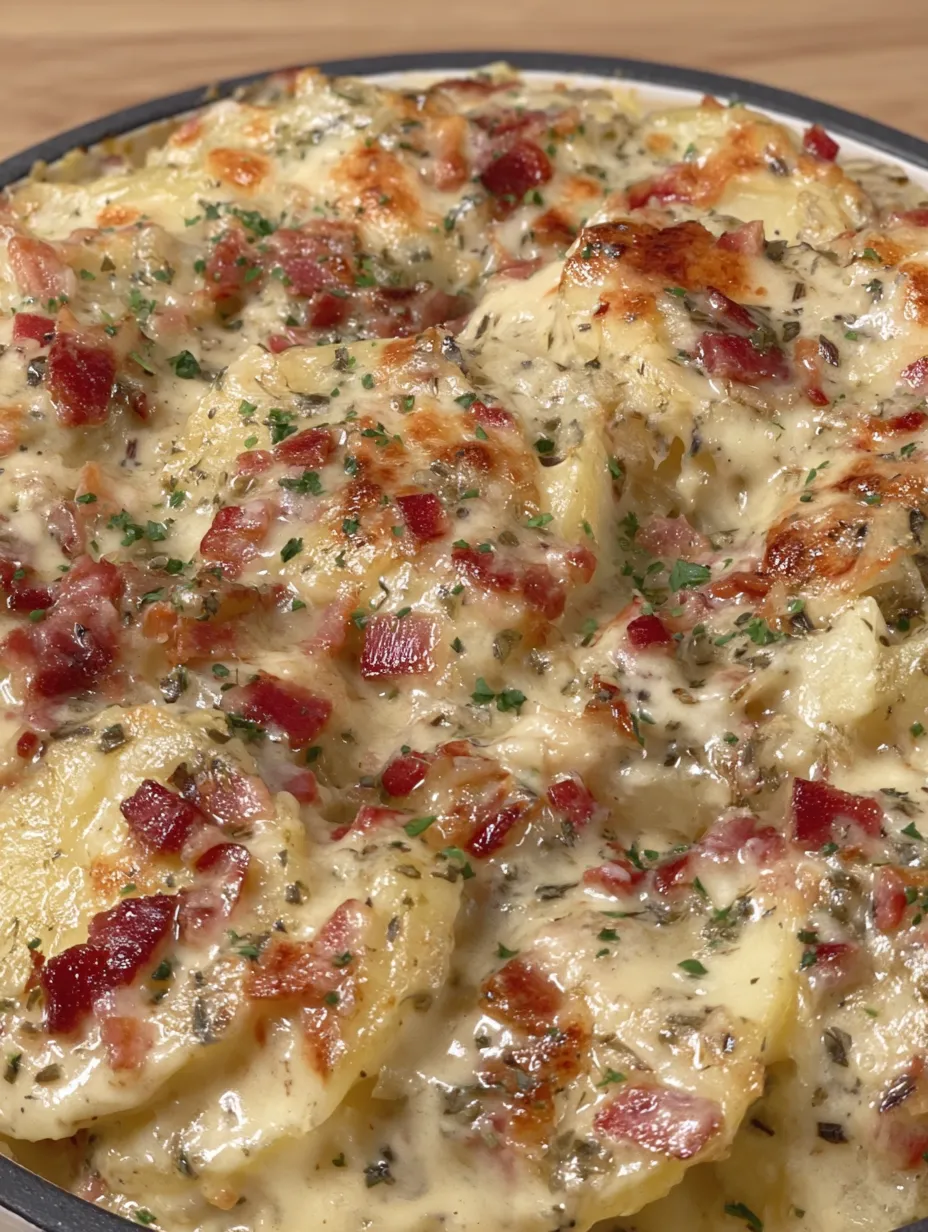 A close up of cheesy au gratin potatoes.
