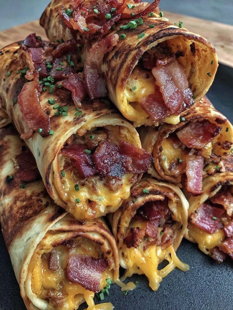 Bacon cheeseburger rollups on a black plate.