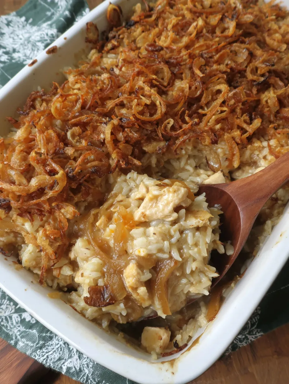 A white bowl filled with French onion chicken and rice.