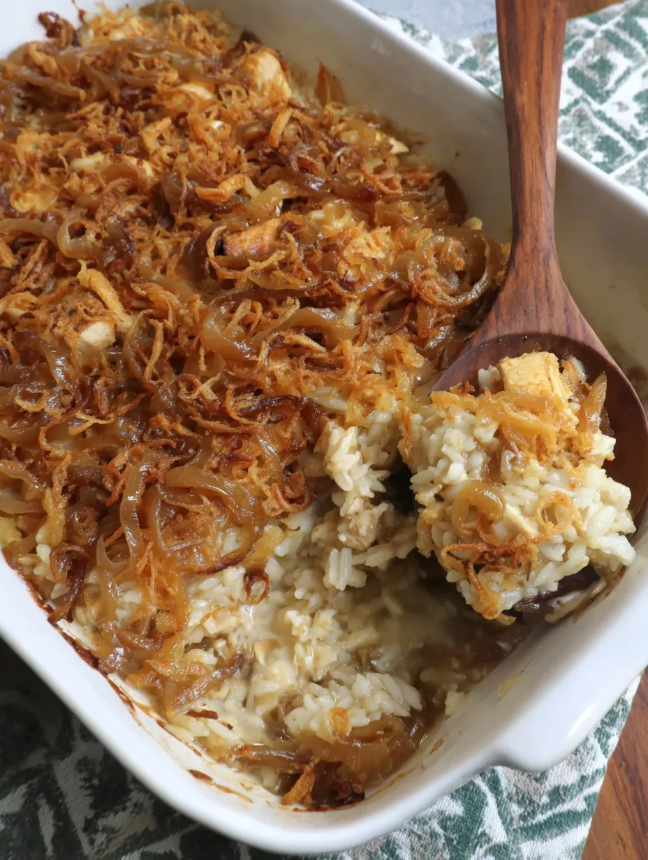 A bowl of French onion chicken and rice.