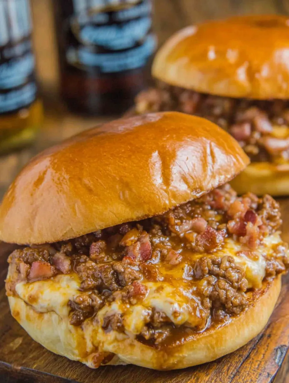 A sloppy joe sandwich with bacon and cheese.