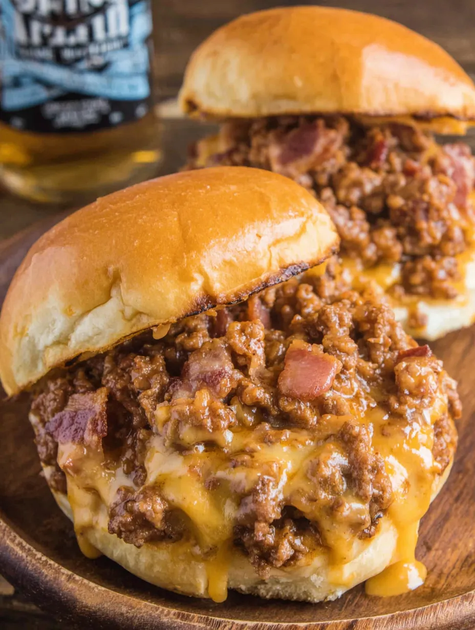 A sloppy joe sandwich with bacon and cheese.