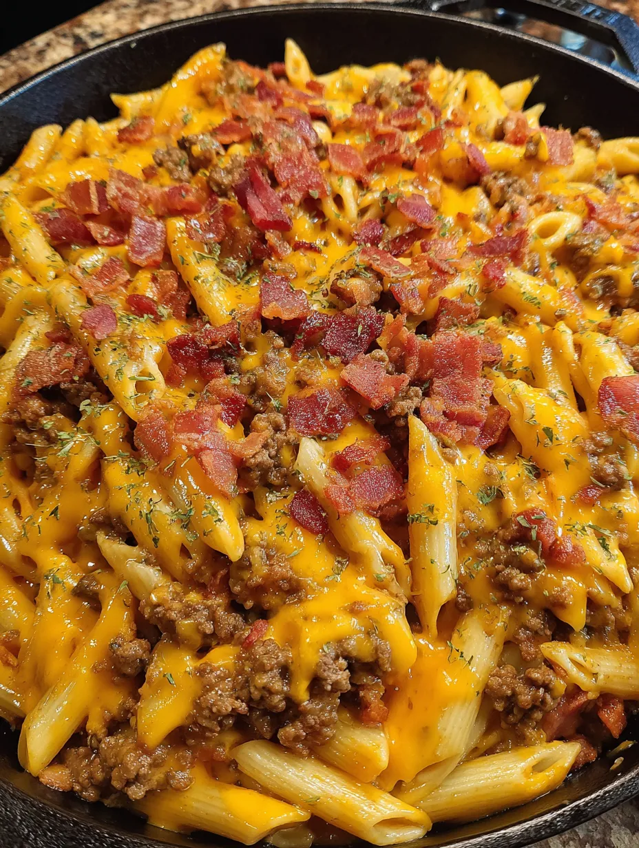 A dish of pasta with bacon and cheese.