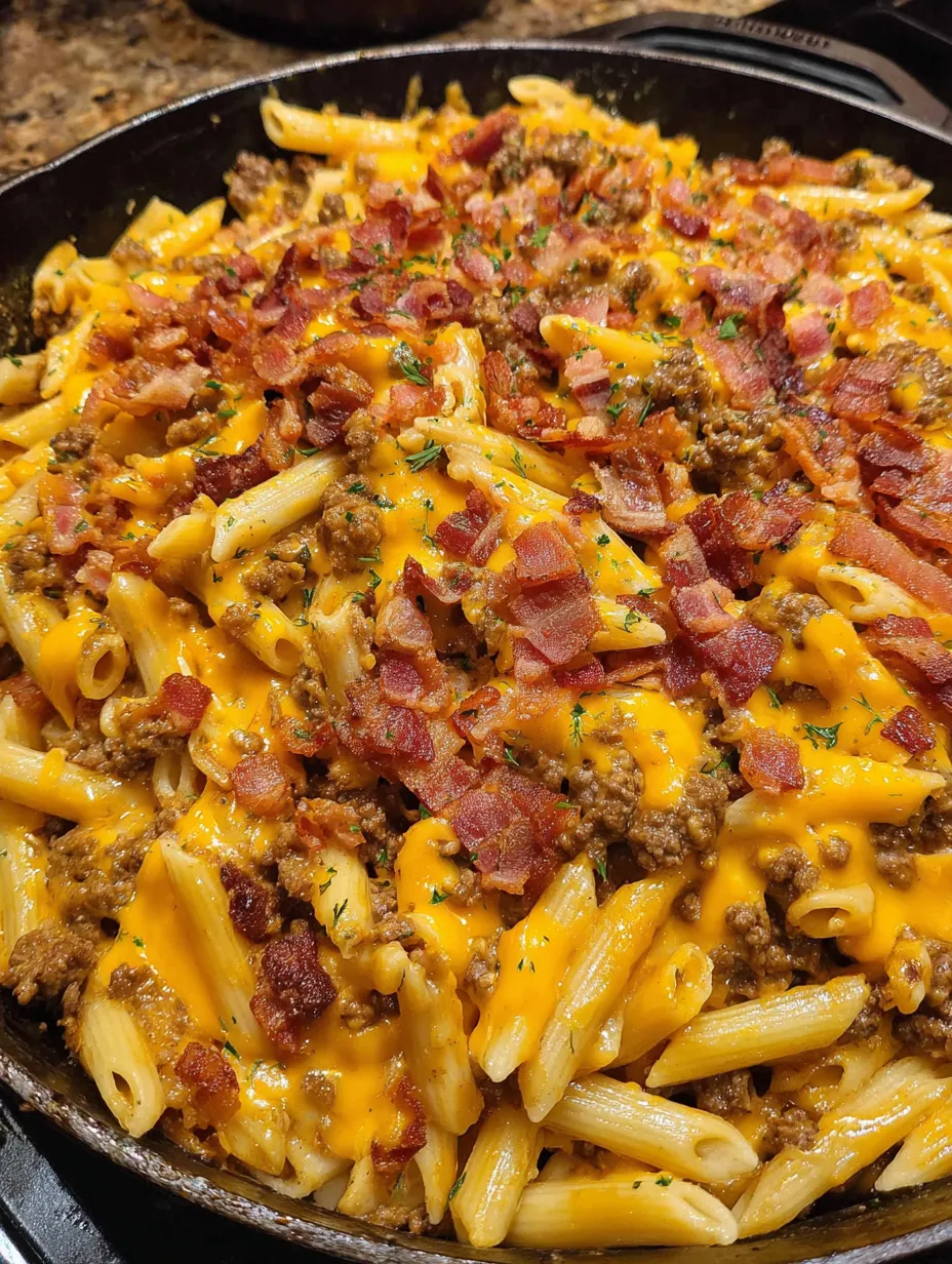 A plate of pasta with bacon and cheese.