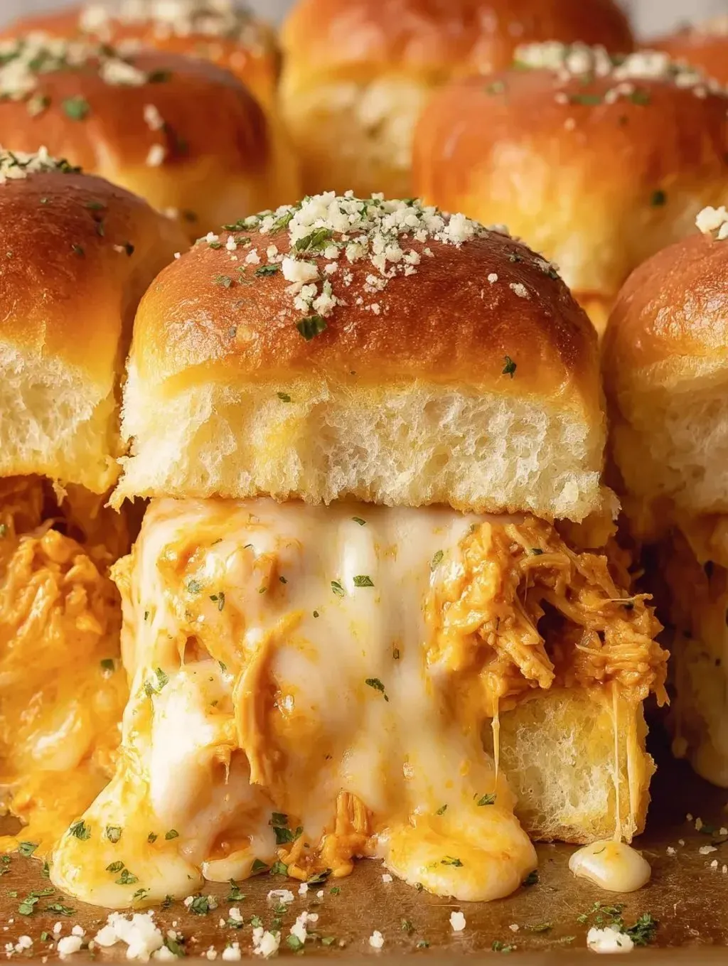 A close up of a cheese and meat sandwich.
