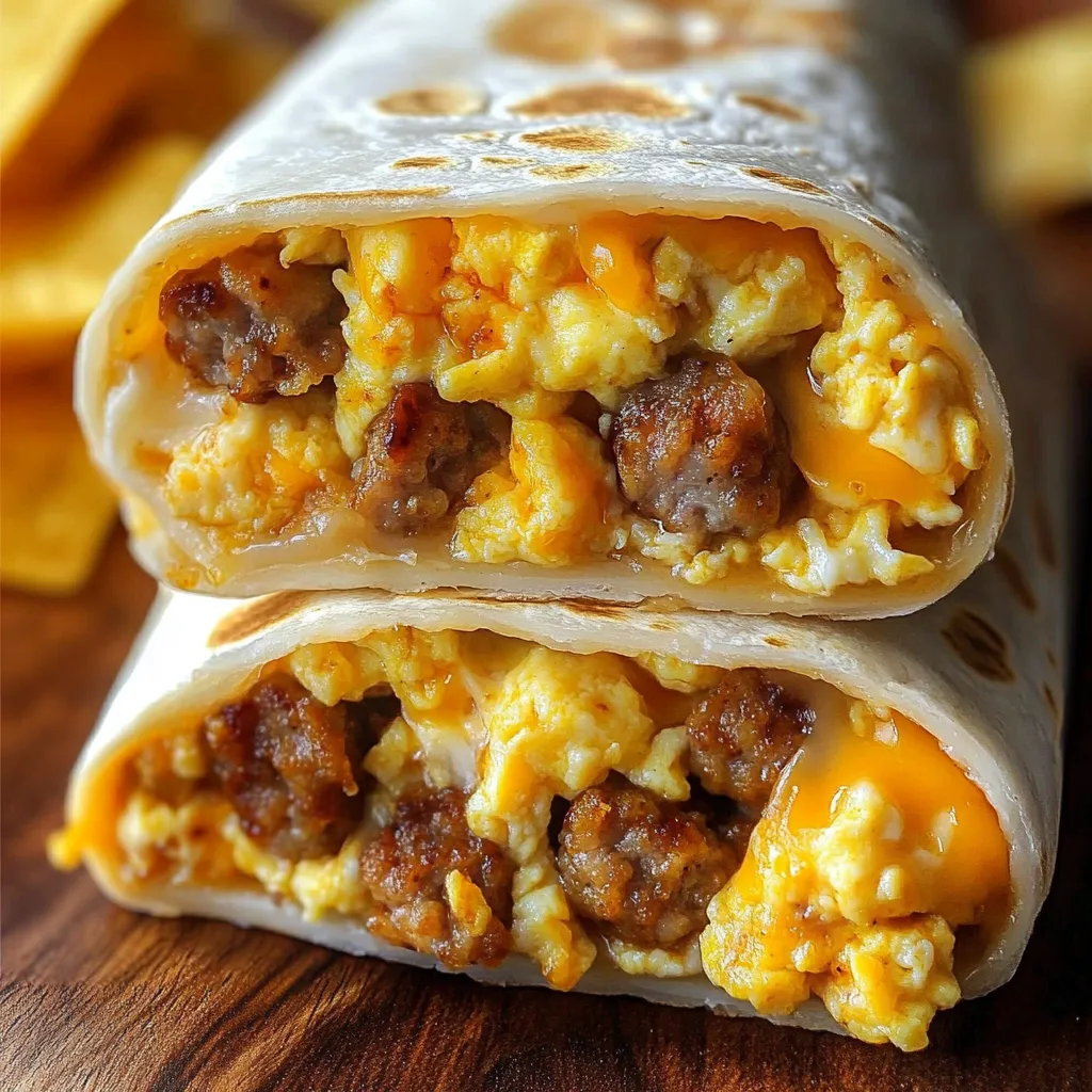 A breakfast burrito with sausage and eggs.