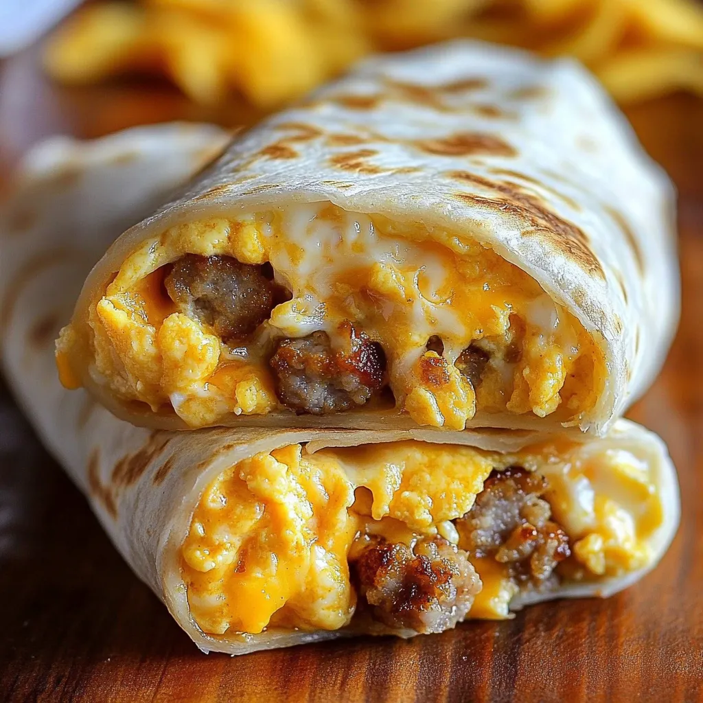 A burrito with eggs and sausage.