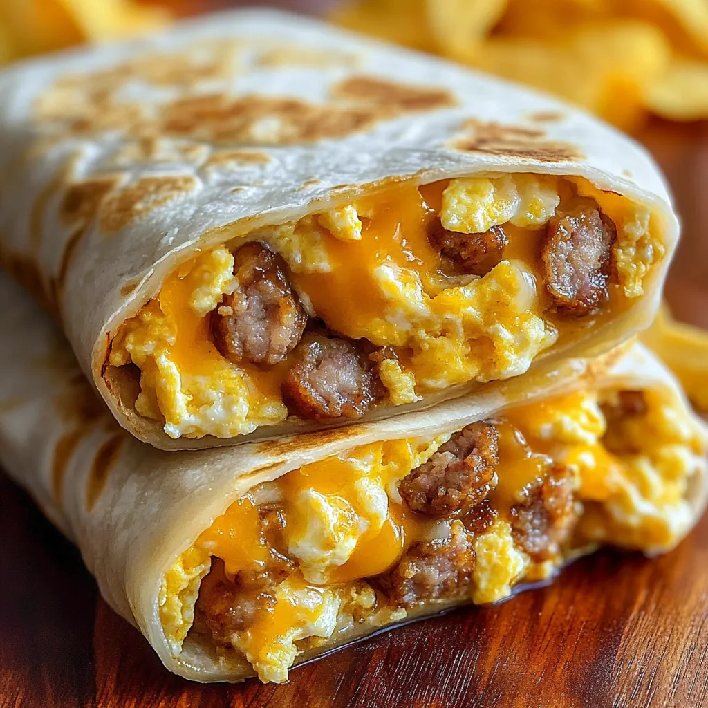 A breakfast burrito with eggs, sausage, and cheese.