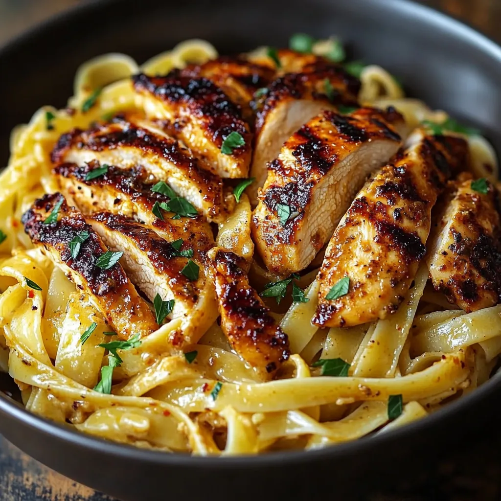 A bowl of pasta with chicken and herbs.