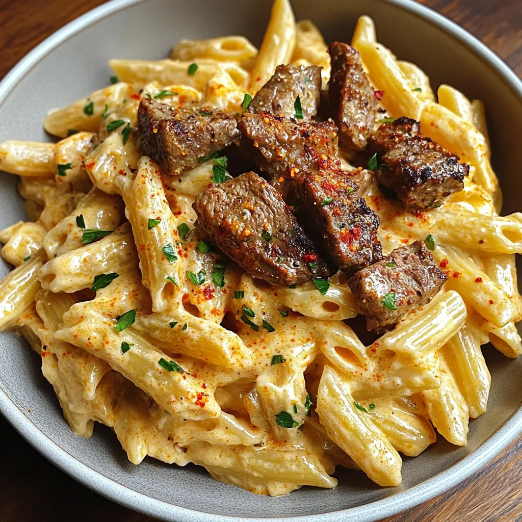 A bowl of pasta with meat on top.