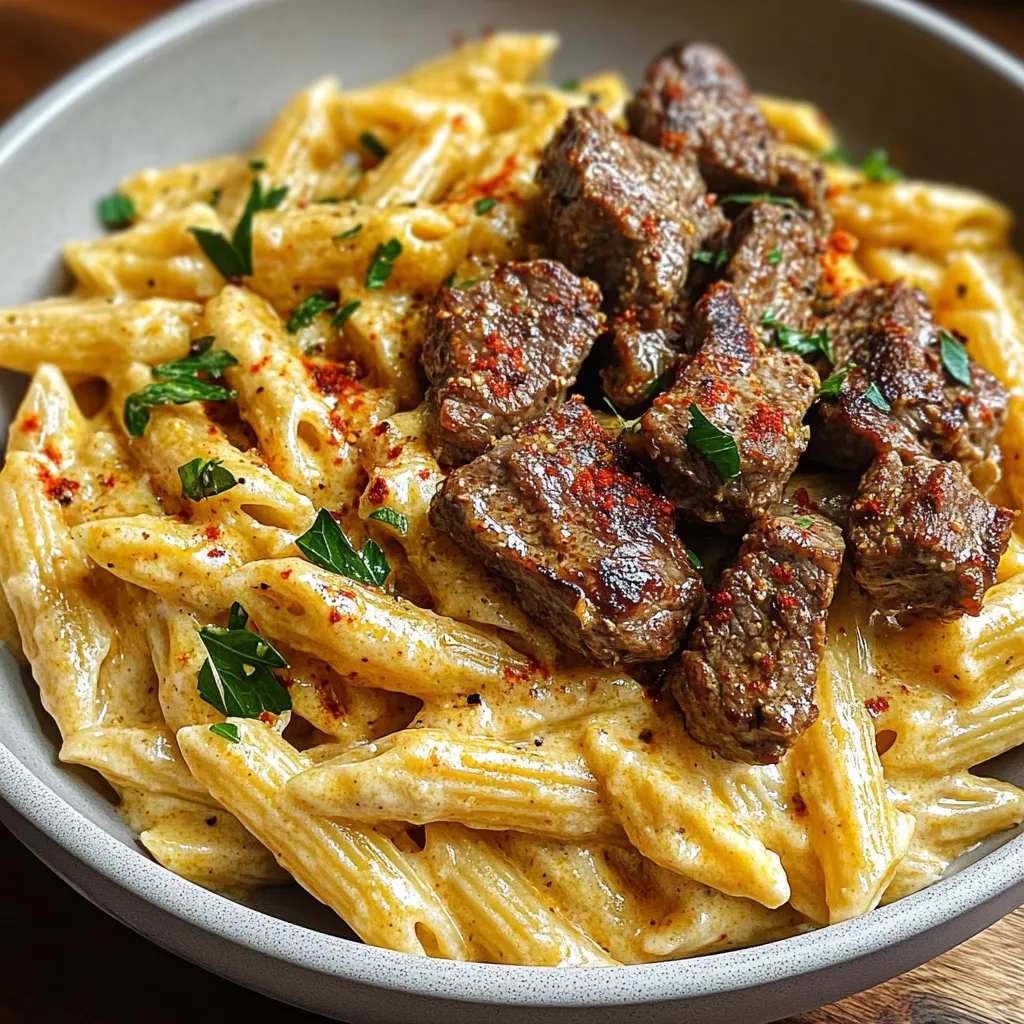 A bowl of pasta with meat on top.