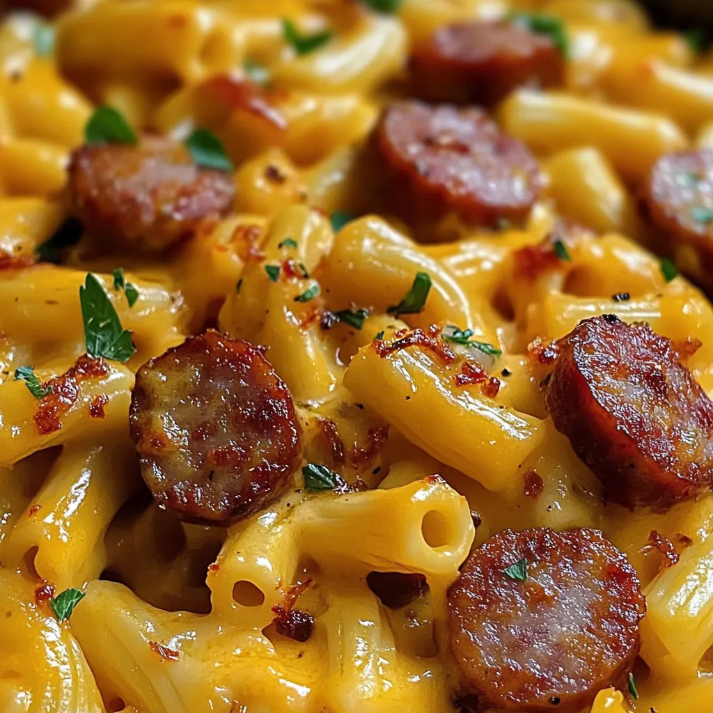 A plate of pasta with sausage and green herbs.