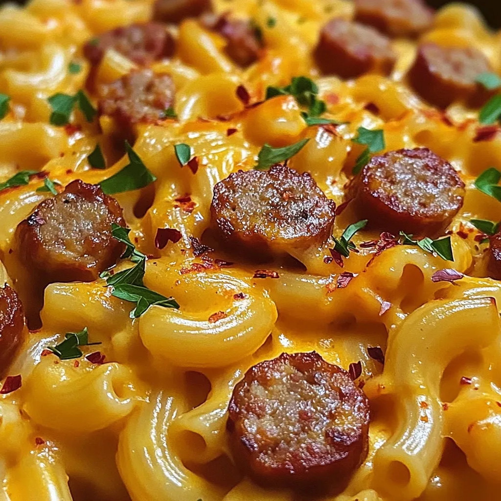 A plate of macaroni and sausage.