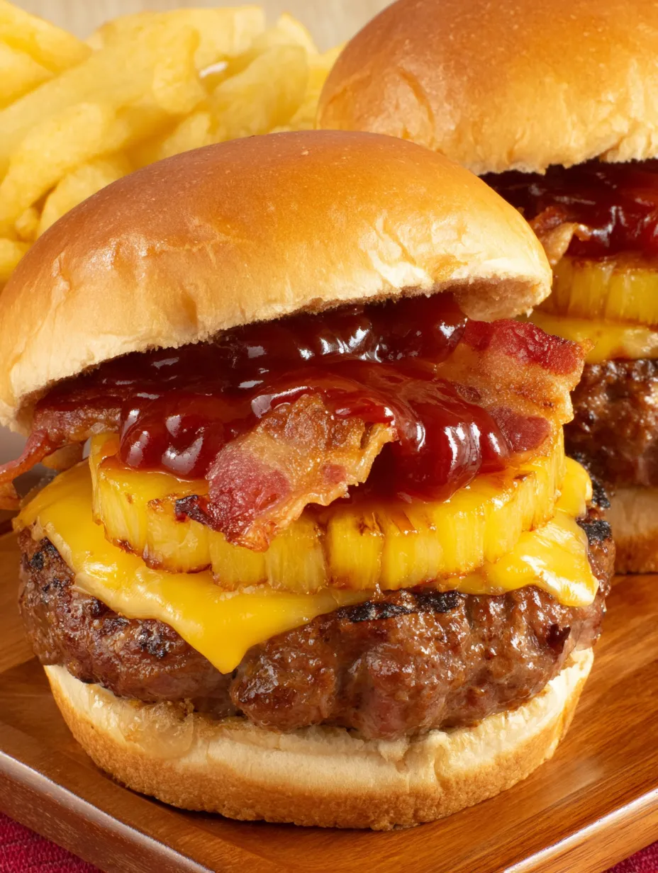 A close up of a pineapple bacon burger.