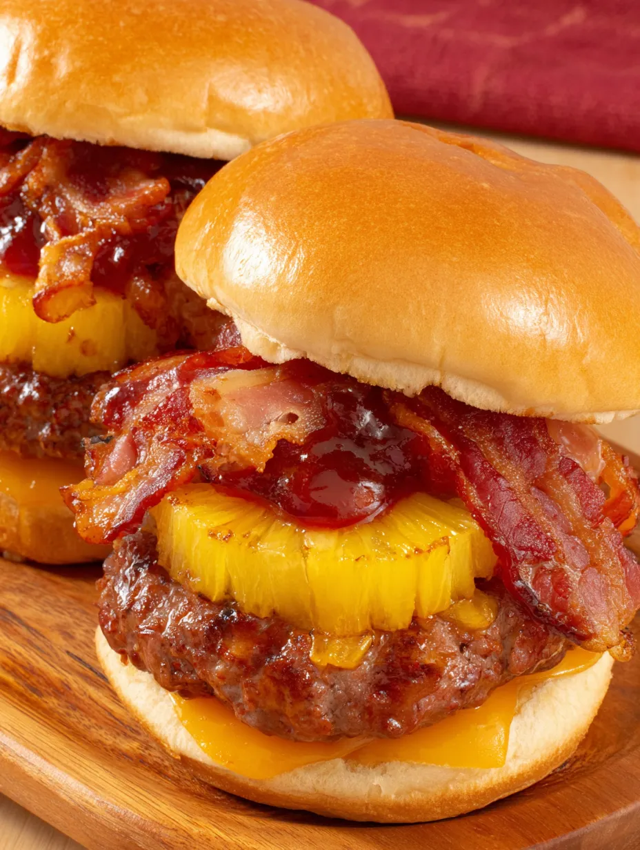 Two pineapple bacon burgers on a wooden table.