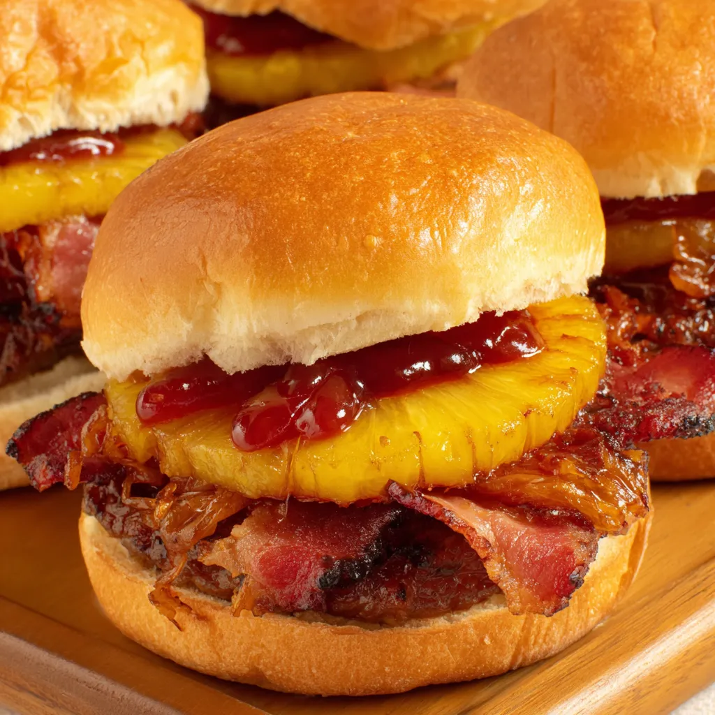 A close up of a pineapple bacon burger.