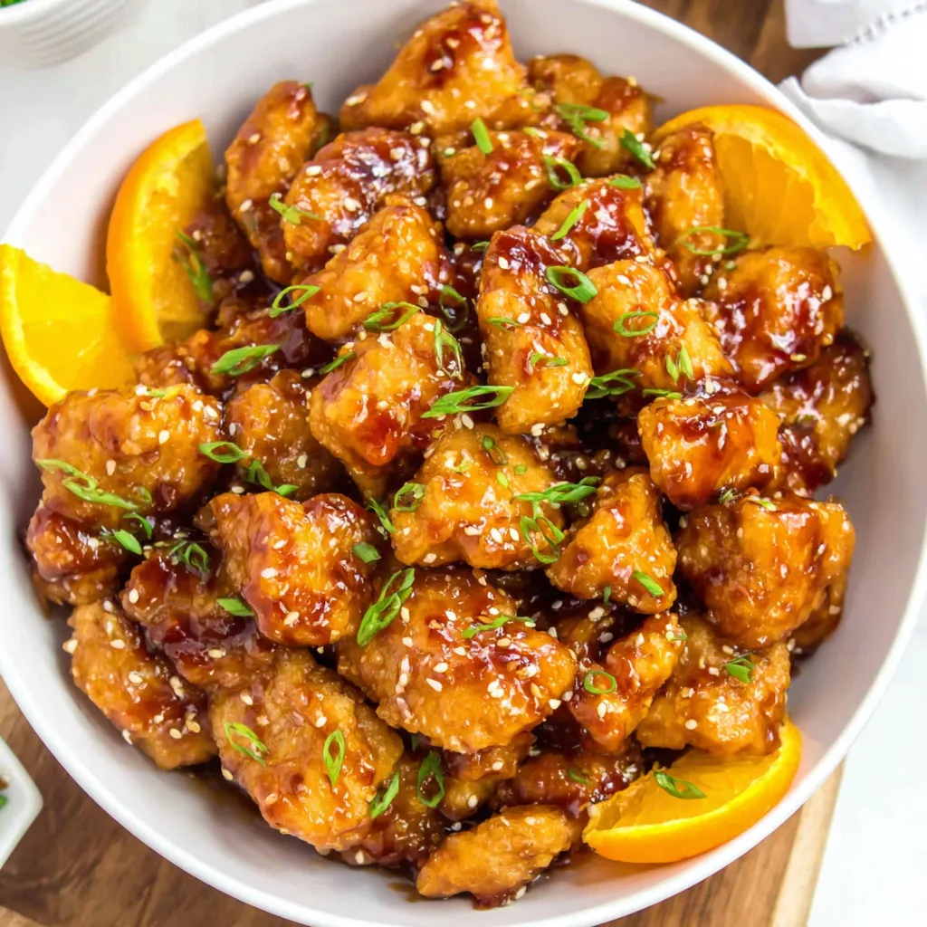 A bowl of homemade orange chicken.