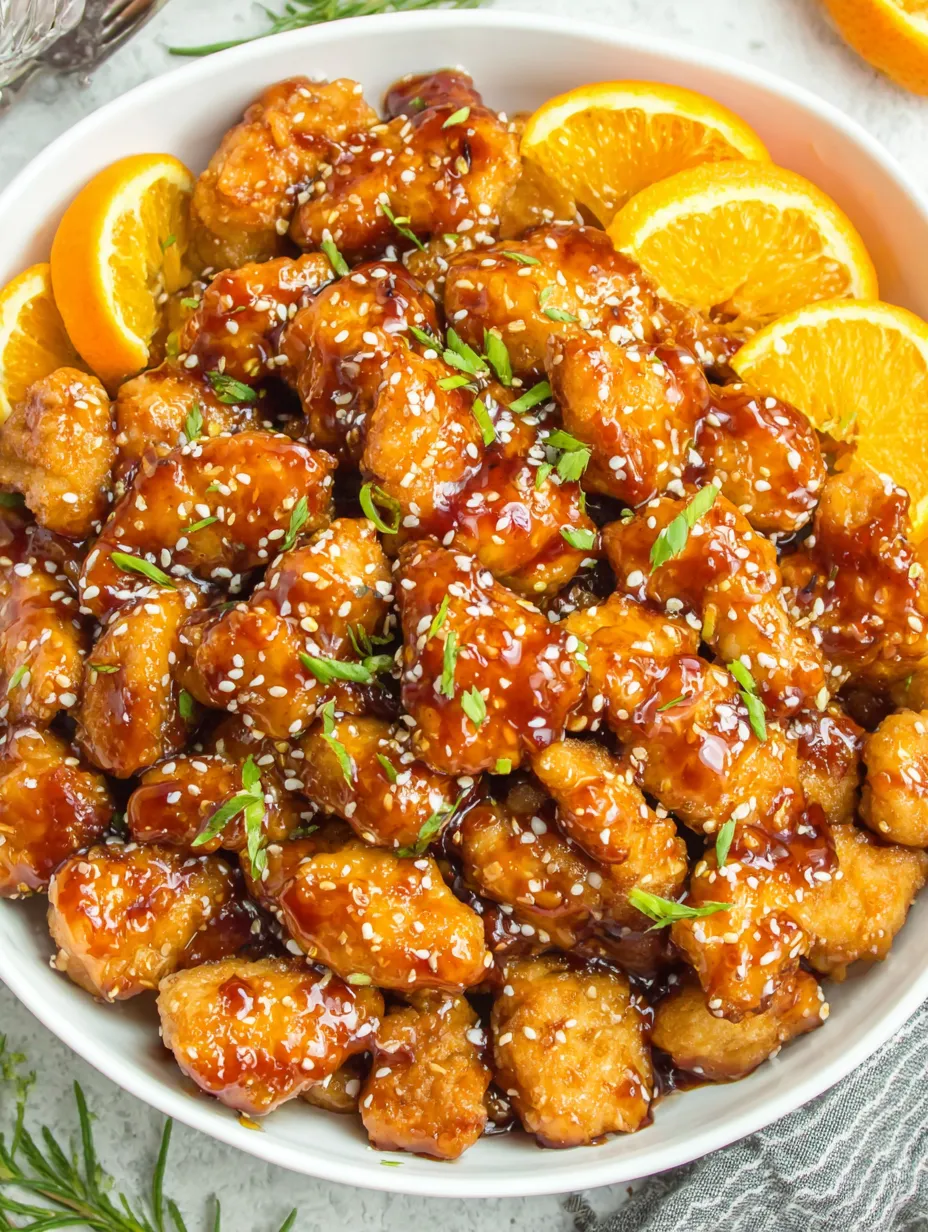 A bowl of homemade orange chicken with sauce and orange slices.