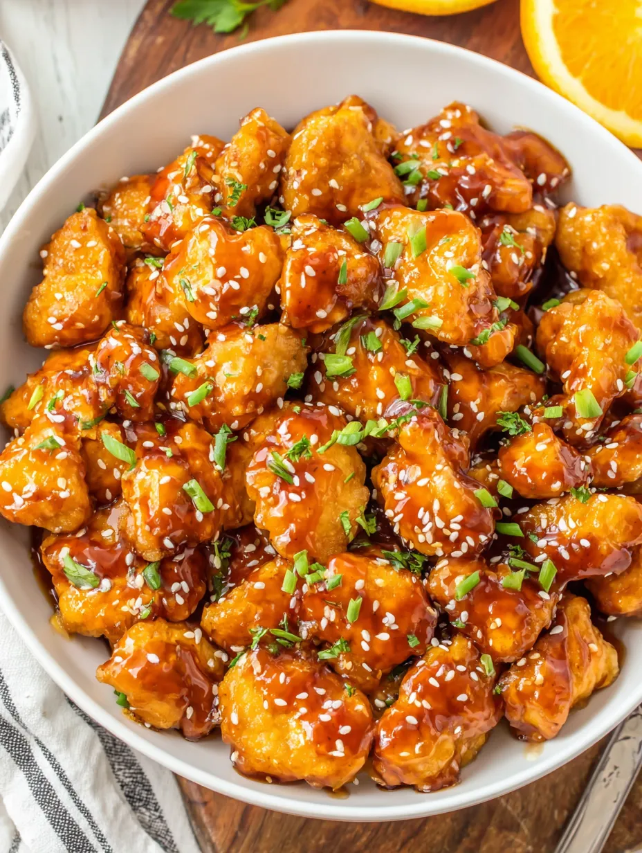A bowl of homemade orange chicken.