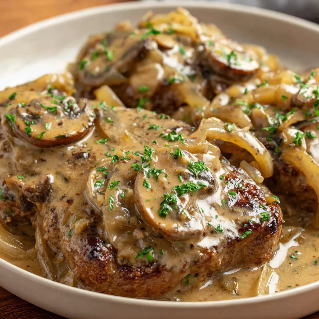 A plate of meat covered in gravy.