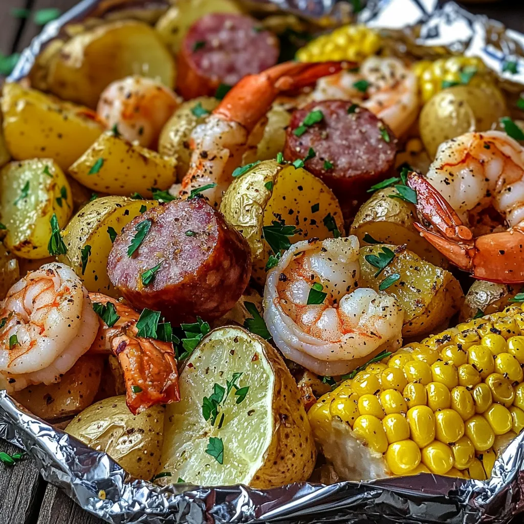 A bowl of food with shrimp, sausage, potatoes, corn and peppers.