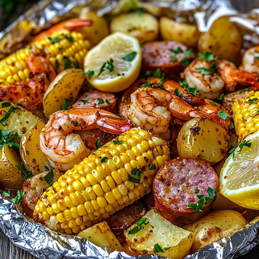 A plate of food with shrimp, corn, potatoes, and sausage.