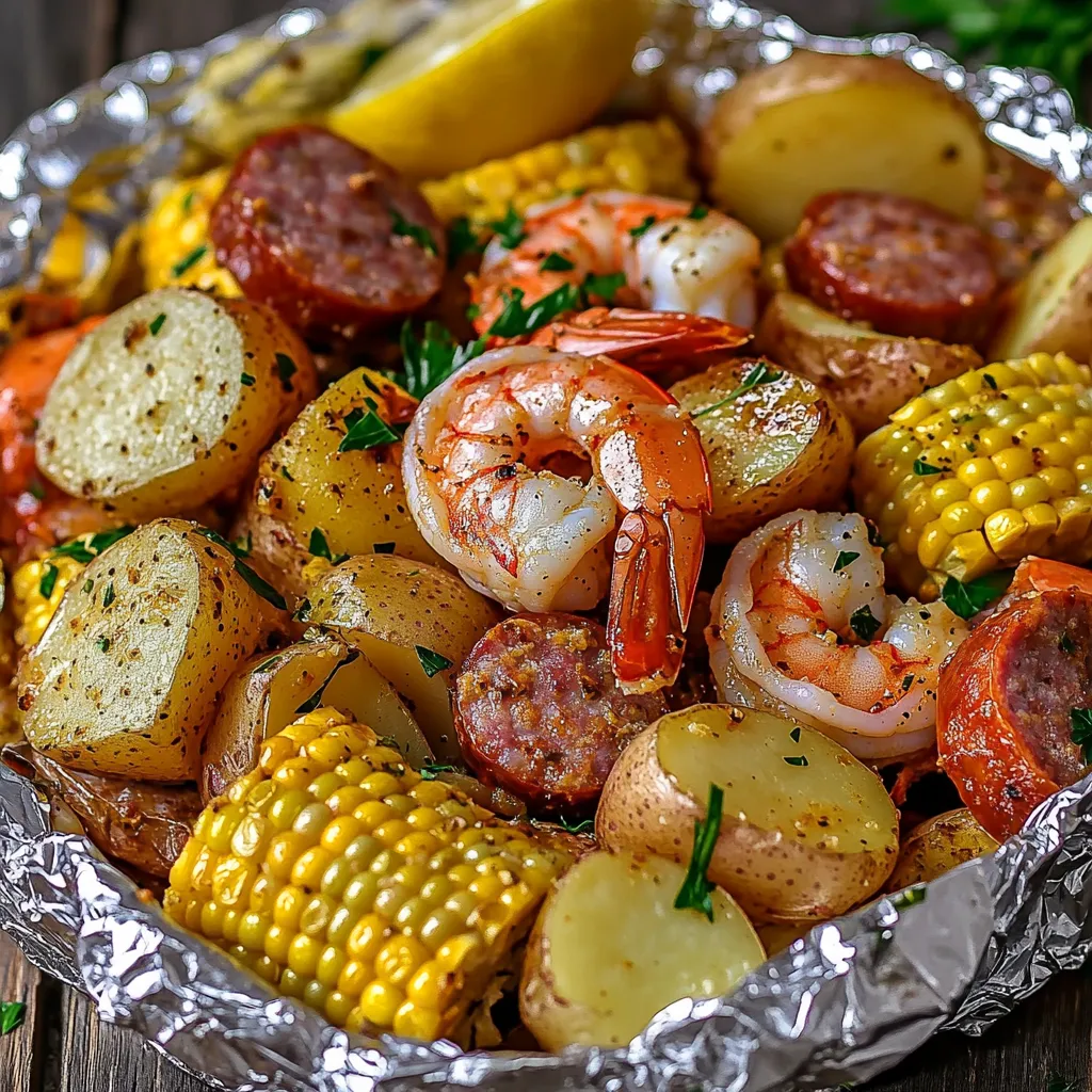 A plate of food with shrimp, potatoes, corn, and sausage.