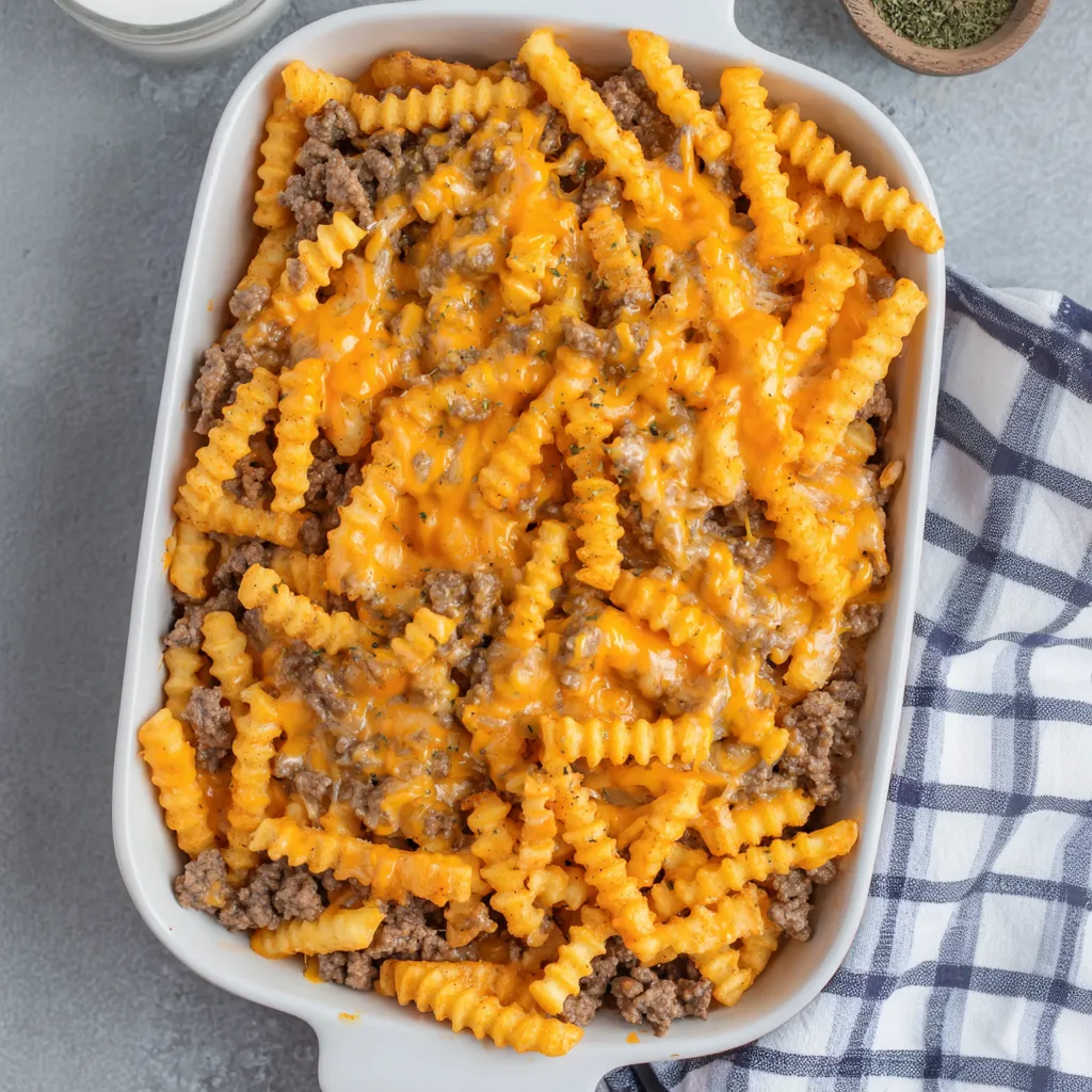 A white bowl filled with a French fry casserole.