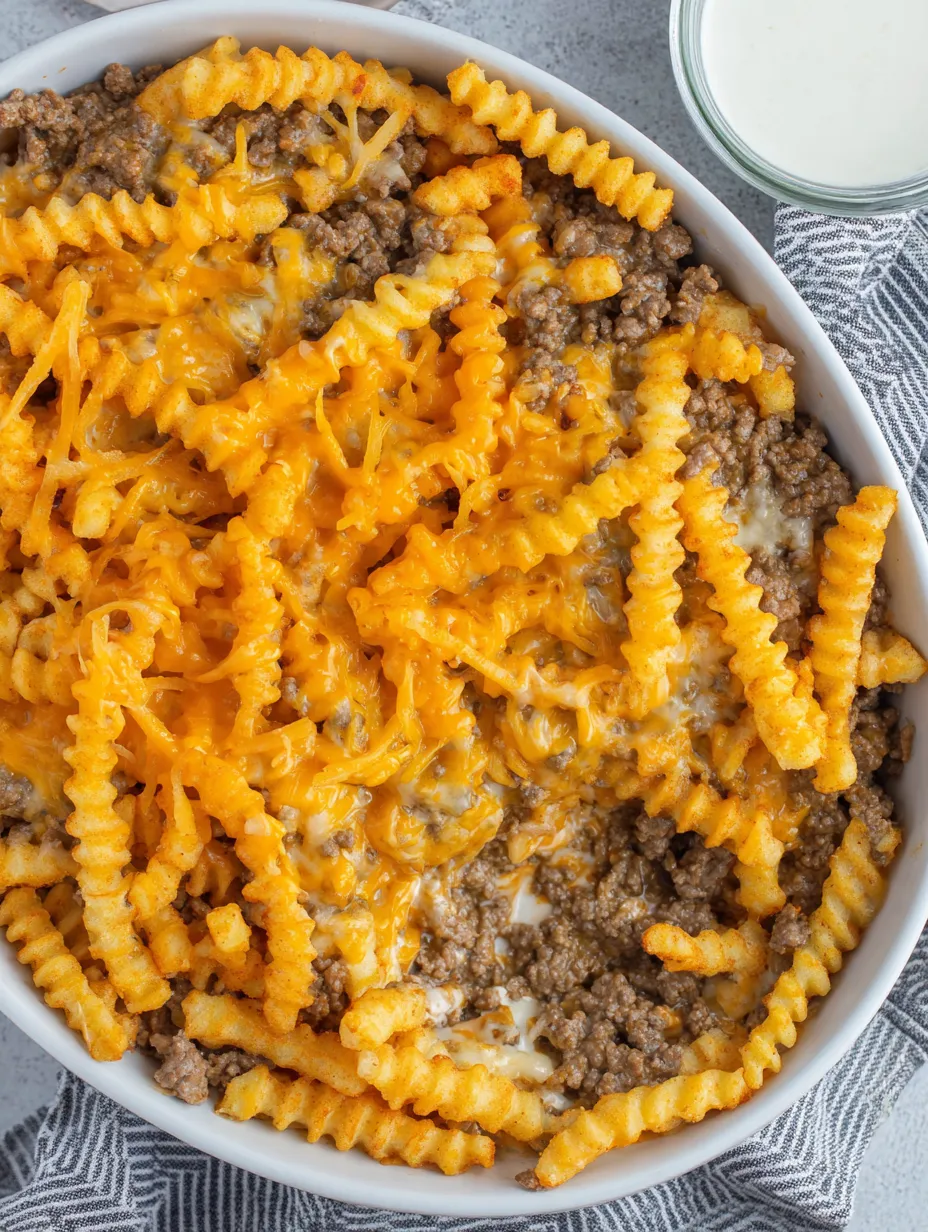 A bowl of French fry casserole with cheese and meat.