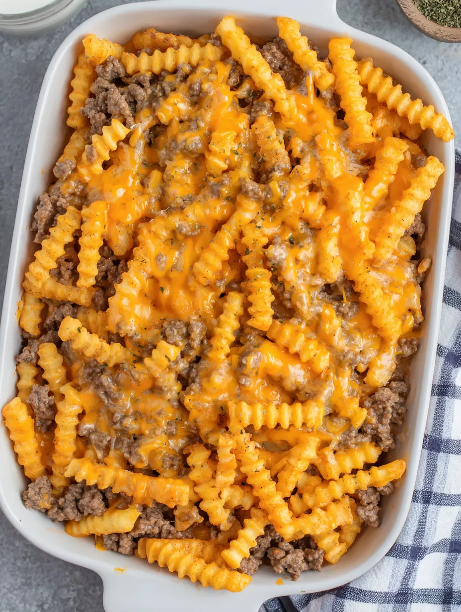 A bowl of French fry casserole with cheese and meat.