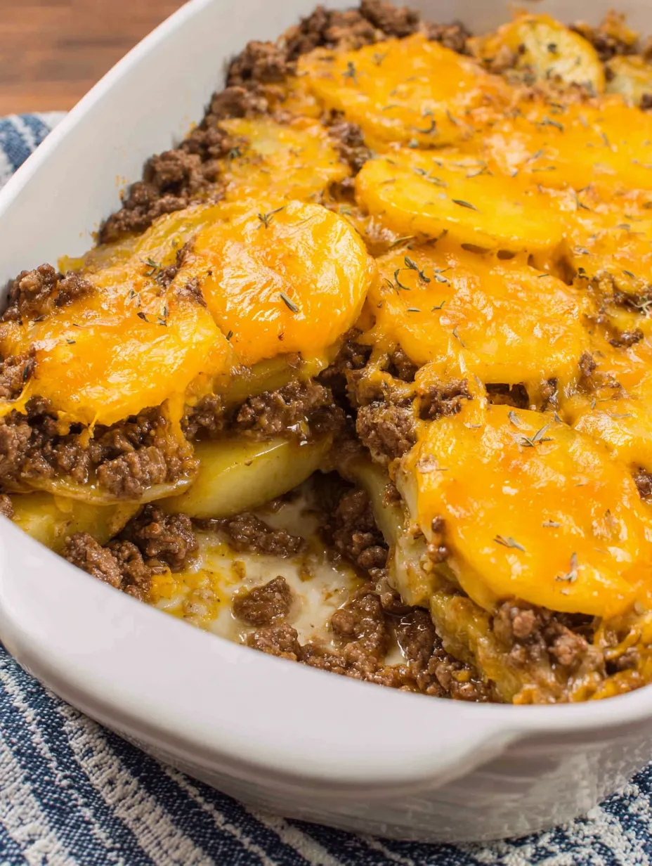 A casserole with ground beef and potatoes.