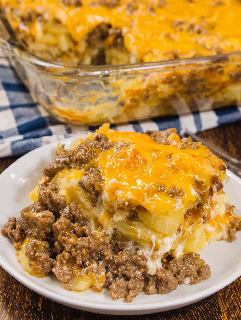 A white plate with a slice of ground beef potato casserole.