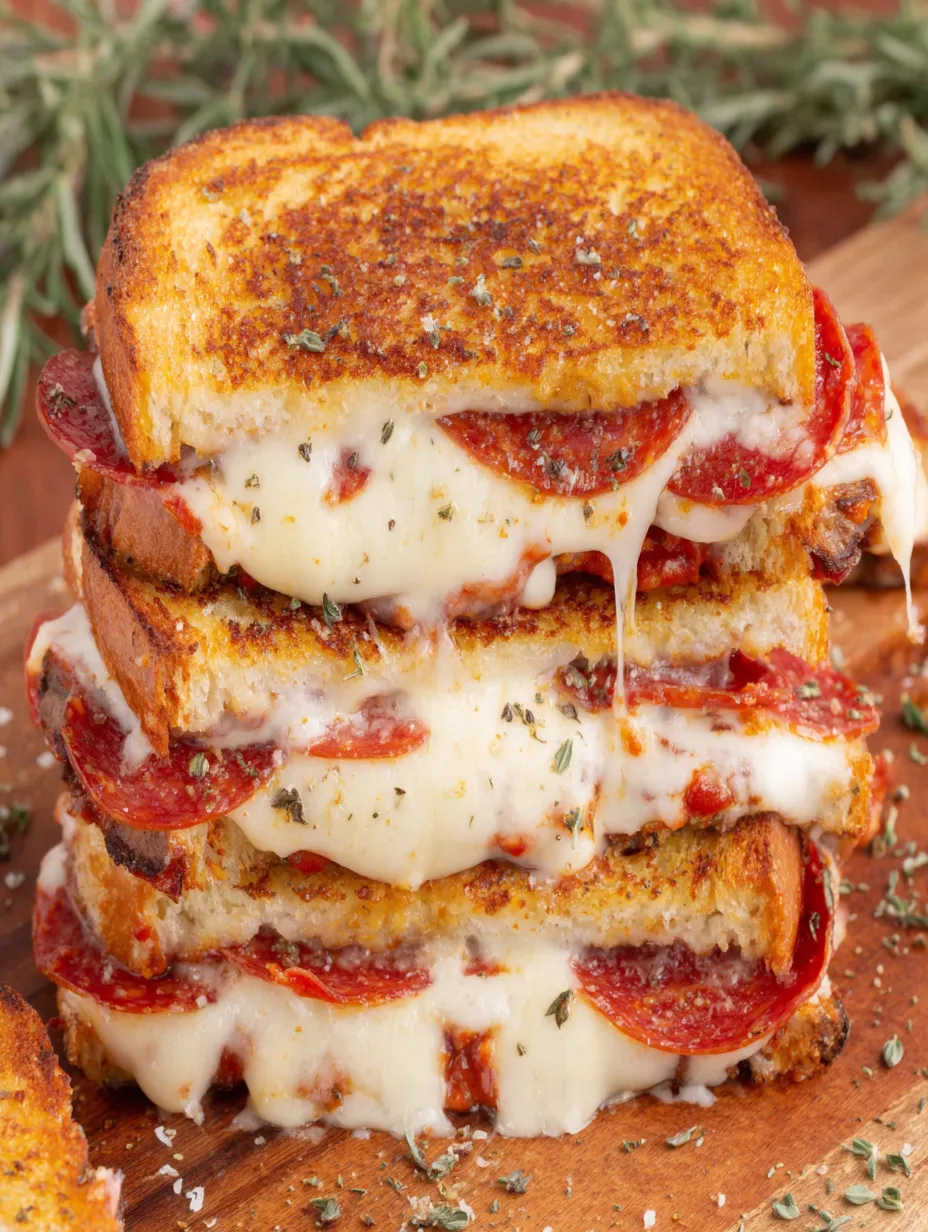 A stack of grilled cheese sandwiches with pepperoni.