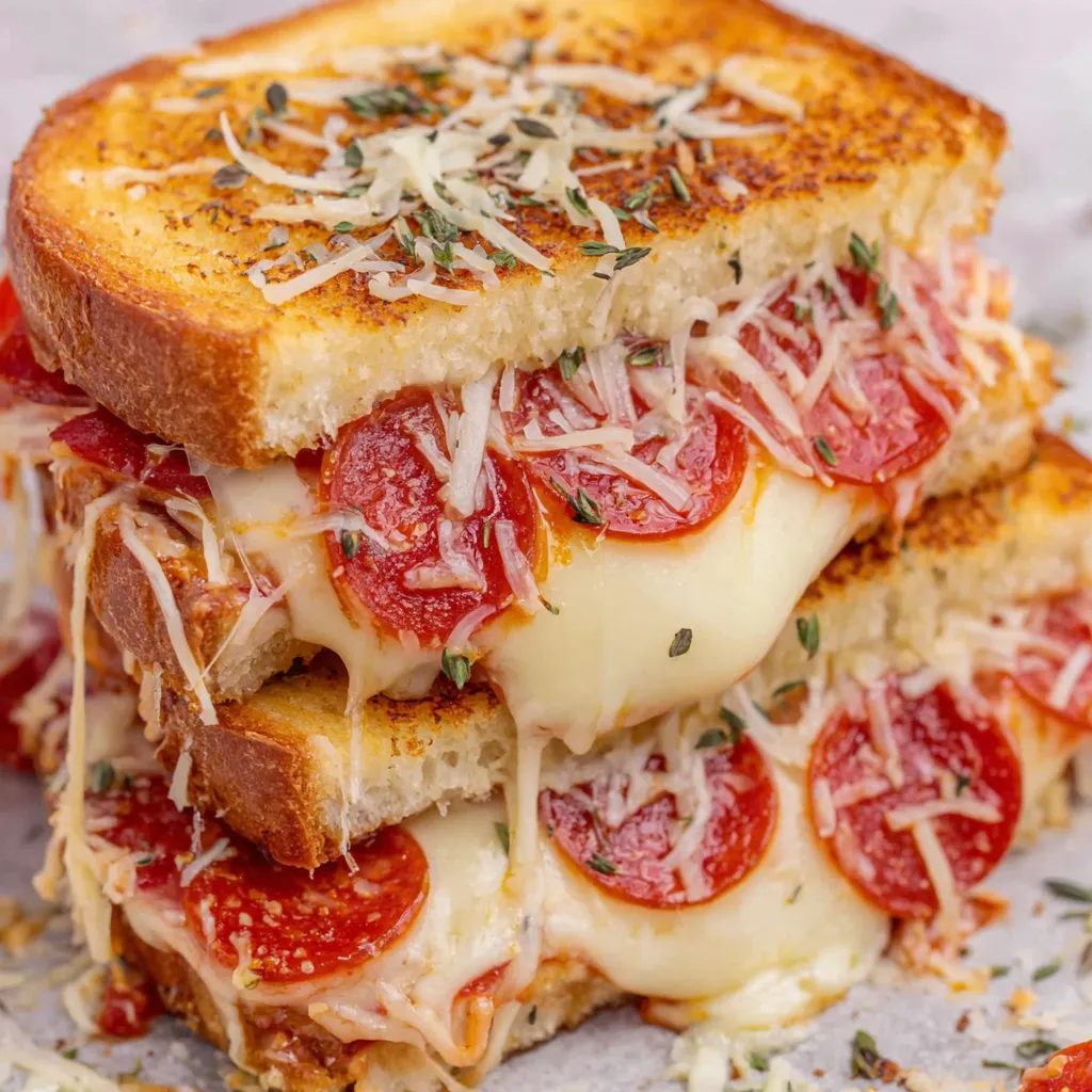A grilled cheese sandwich with pepperoni on top.