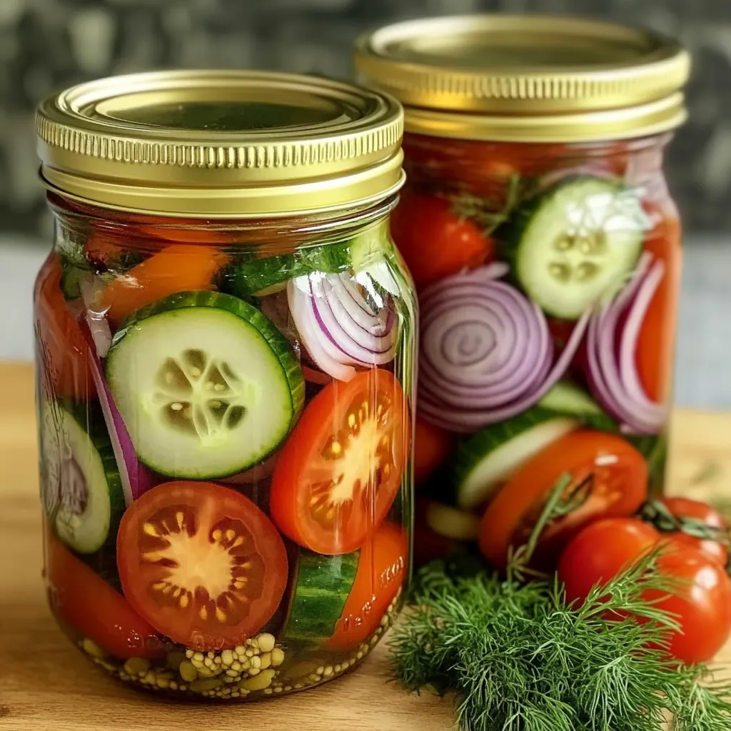 Two jars of pickles and vegetables.
