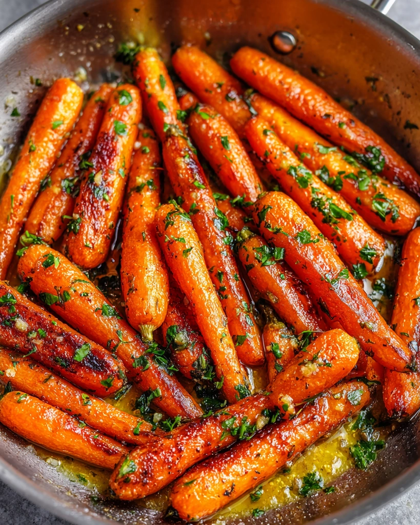A pan of roasted carrots with honey, garlic and butter.