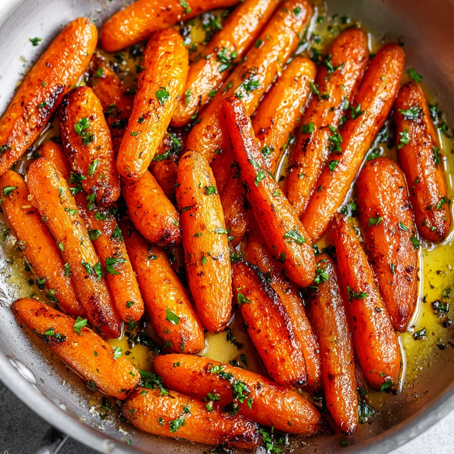 A pan of roasted carrots with honey garlic butter.