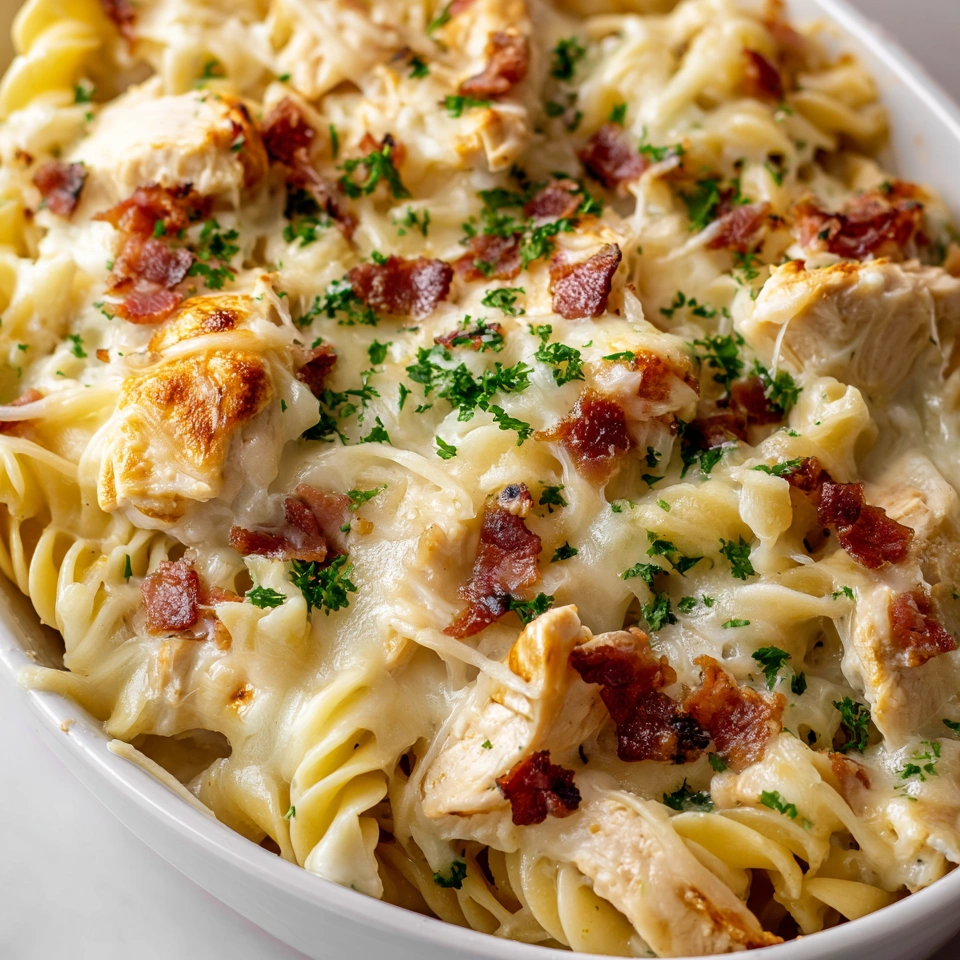 A bowl of pasta with chicken and bacon.