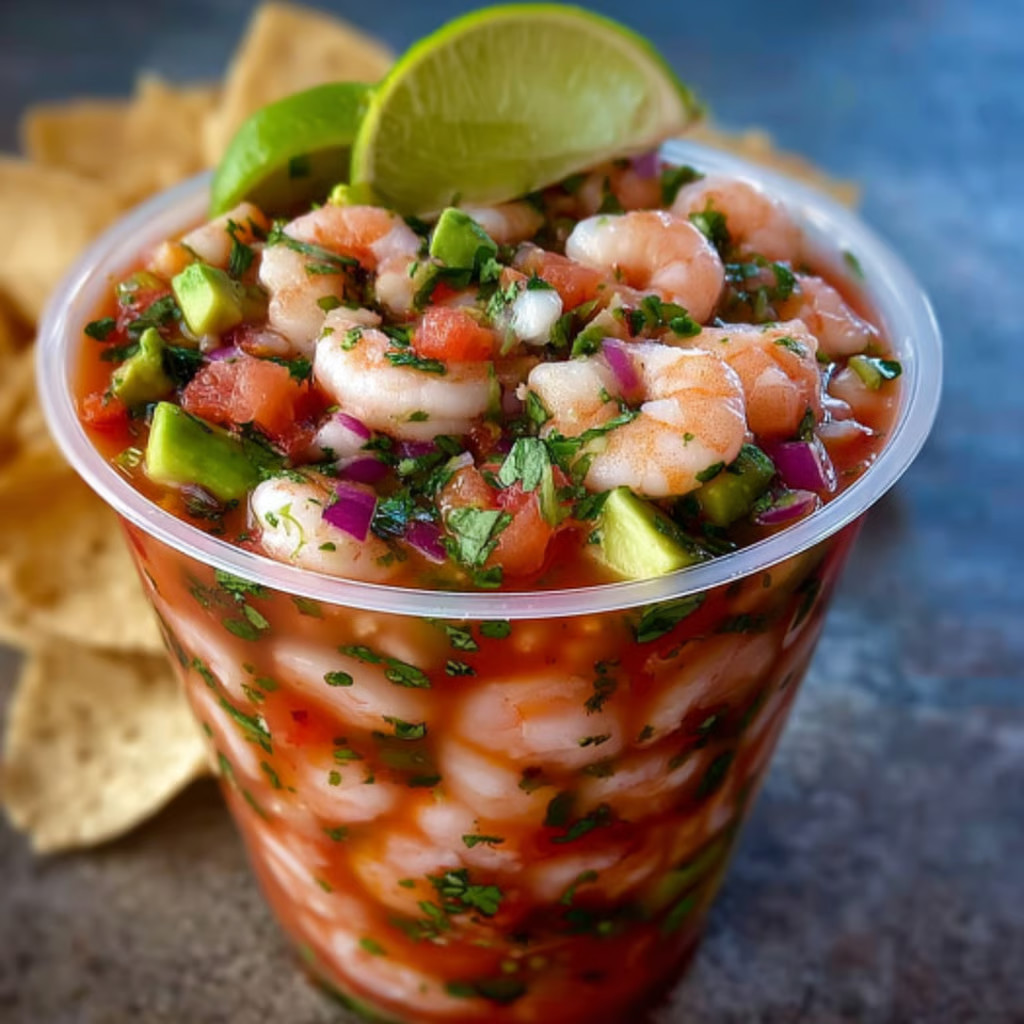 A cup of shrimp cocktail with a lime wedge on top.