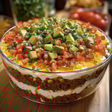 A large bowl of food with a variety of ingredients.